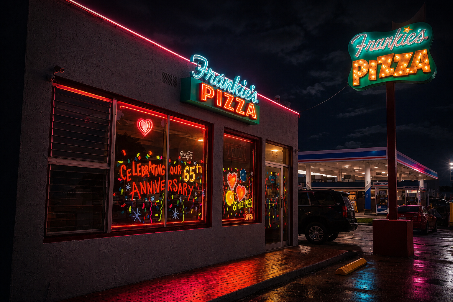Frankie's Pizza neon signage at night