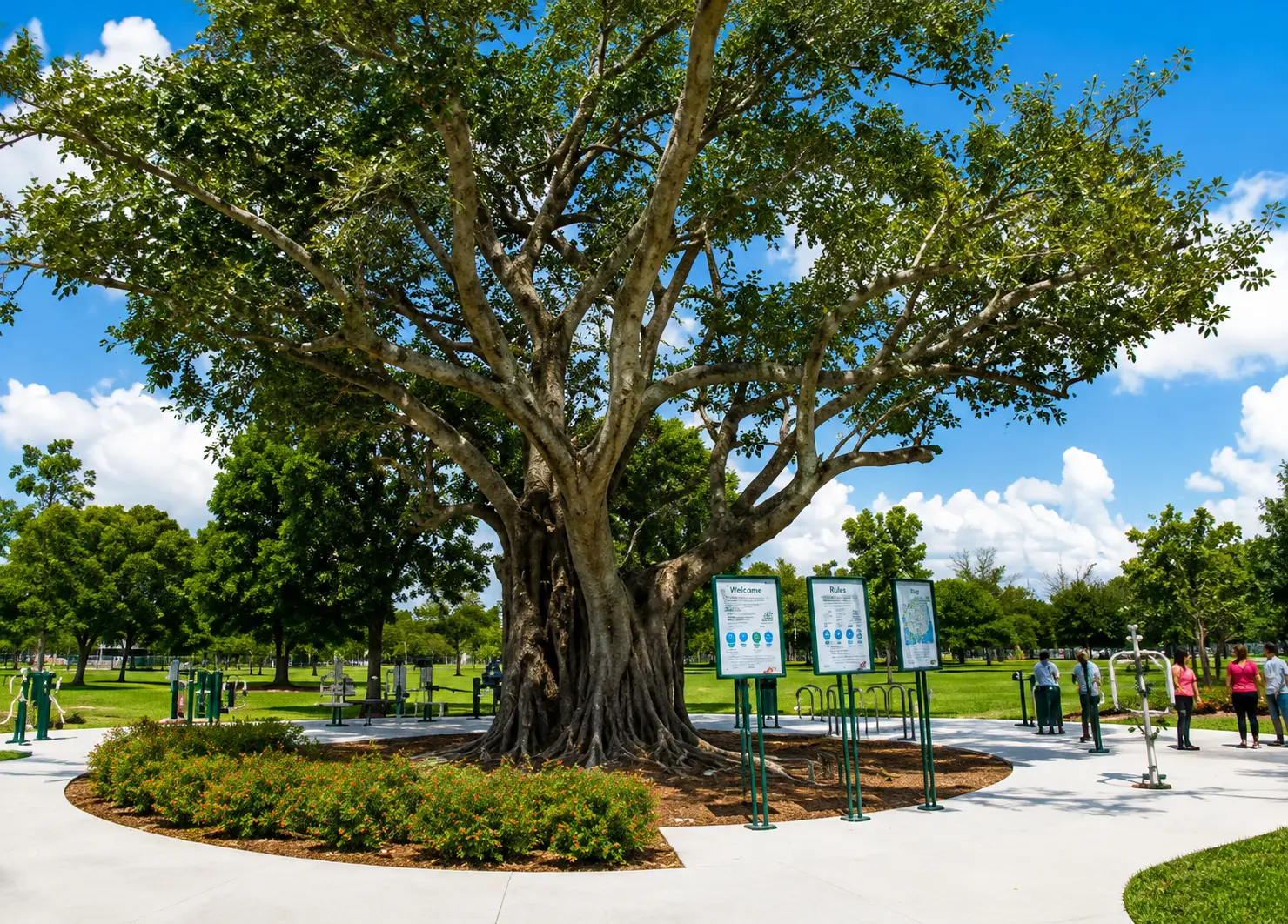 Large shade tree at the park entrance