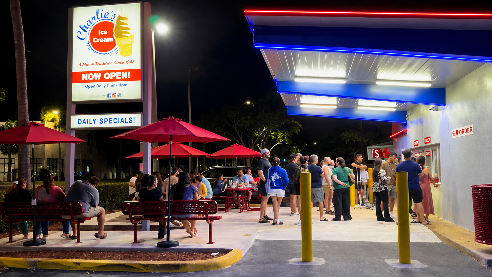 Charlie's Ice Cream storefront at night