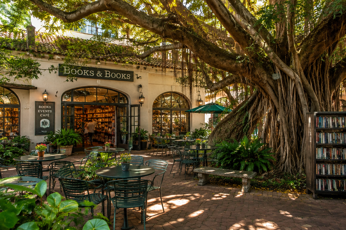 Books & Books courtyard with café seating under a banyan tree