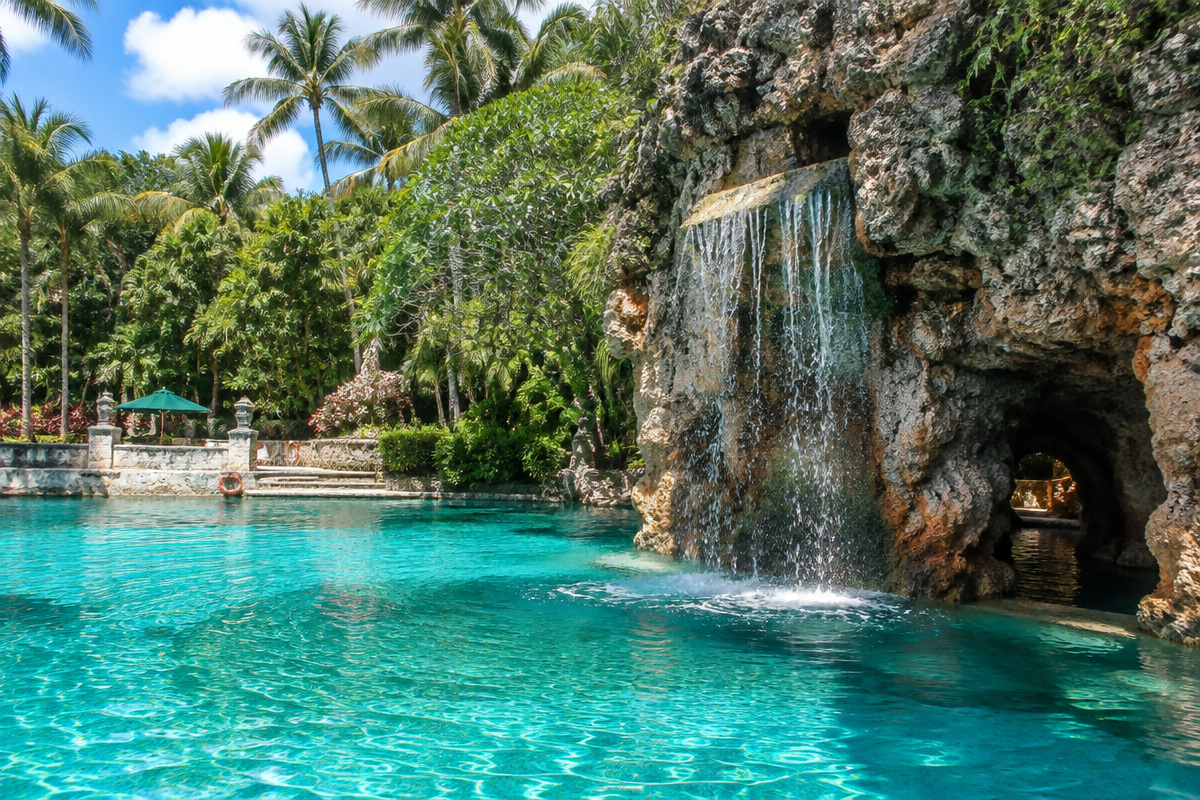 Venetian Pool waterfall and coral rock grotto