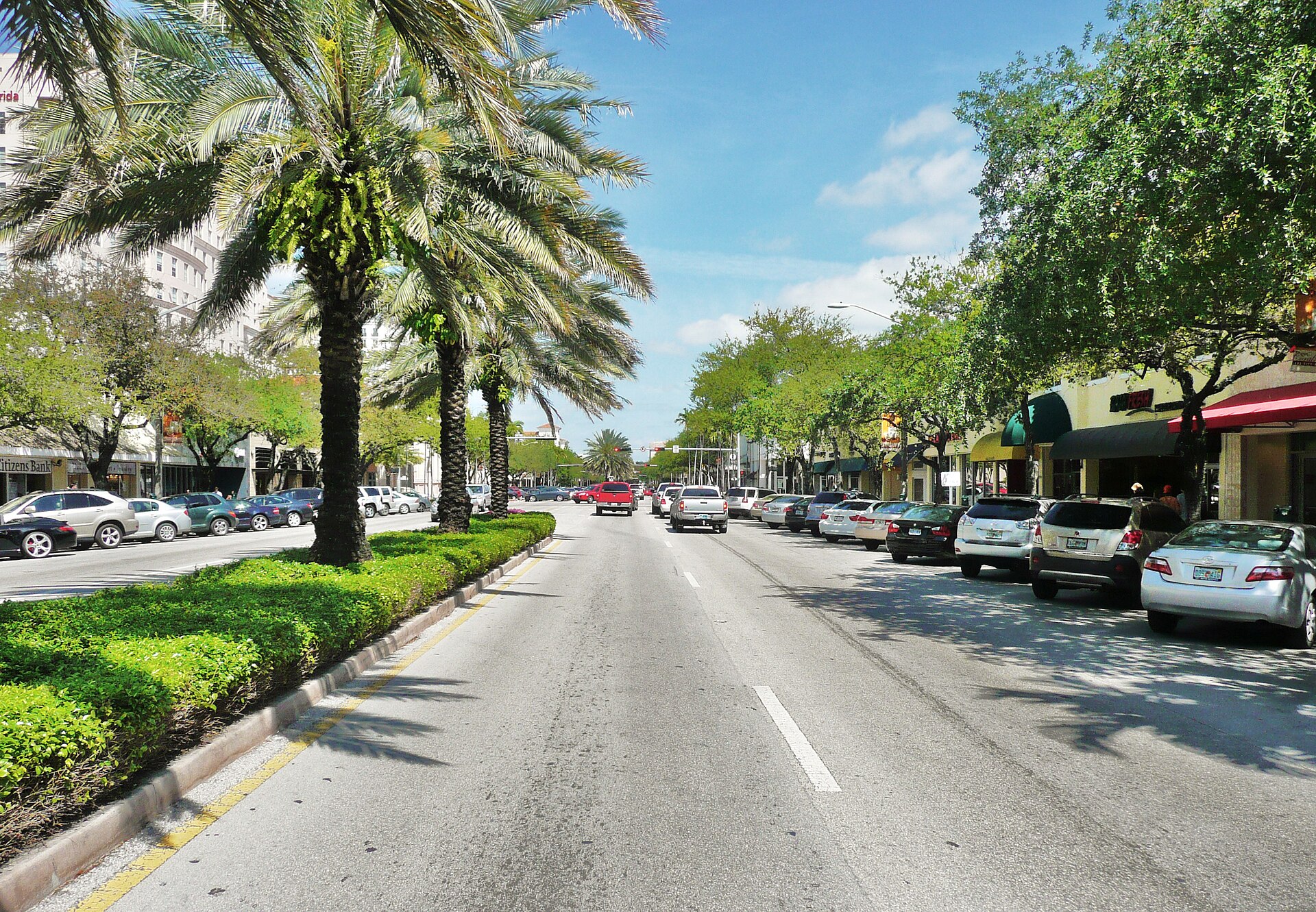 Close-up view along Miracle Mile with palm trees, shops, and restaurants in Coral Gables